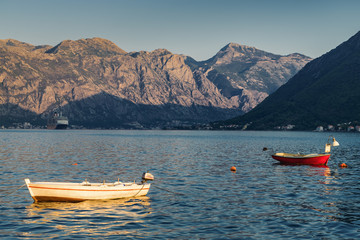 Sunset view of Kotor bay from beautiful town Perast, Montenegro.