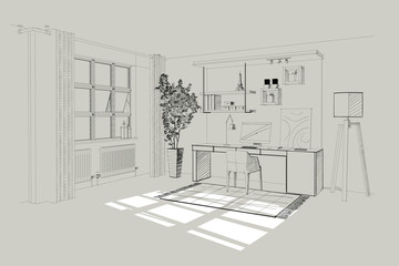 Home office interior sketch. - 345948980