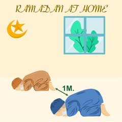 Outbreak of coronavirus Muslim people pray Ramadan at home and wearing mask for protect and safe from coronavirus.vector illustration 
