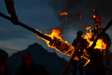 Detail of the flames of burning torches at the Nowruz / Novruz celebration near the city of Akre in...