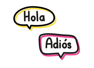 Hola adios. Handwritten lettering illustration. Black vector text in pink and yellow neon speech bubbles. Simple outline style © alesika
