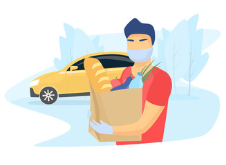 Flat vector illustration. Safe food delivery. Masked courier and gloves with a package of products. Buying food during quarantine. Safe delivery by car.
