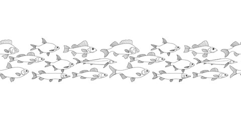 Obraz premium Doodle fish seamless border isolated on white. Seafood hand drawing art line. Coloring page book. Vector stock illustration