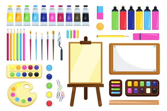 Painting tools. Creative materials for art workshop set in cartoon style. Easel, canvas, pencil, marker, paintbrush, watercolor painting tools isolated on white background. Art supplies vector set