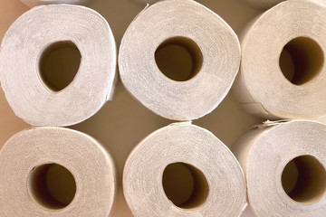 Stack of toilet paper, made with recycled paper. Top view.