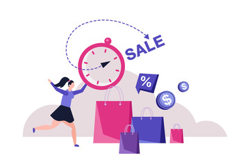 Seasonal shopping. Woman hurry in mall and big shopping bags on background. Retail discount, promotion and online shopping. End of season shopping promotion and sale advertising vector illustration