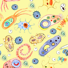 Bacteria, microbes, unicellular organisms. Watercolor illustration. Seamless pattern.