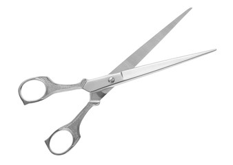 Silver metal scissors on a white background.