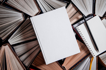 Mockup layout and a black pencil lie on multicolored open books