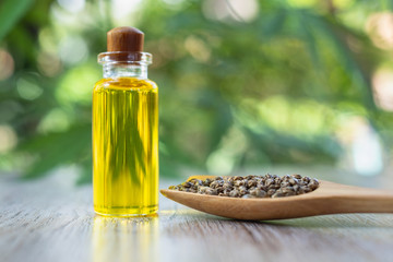 Hemp oil in a glass bottle And the seeds in a wooden spoon The idea of using oil extracted from cannabis to treat diseases. Alternative medicine Herbs extracted from CBD.