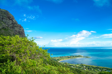View from the mountain Le Morne Brabant on the blue lagoon. Mauritius
