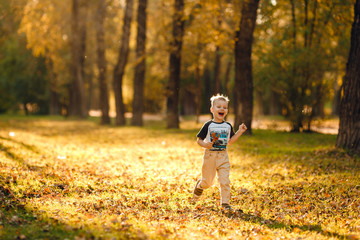 young little boy run on grass in autumn yellow park with lollipop smile and laugh