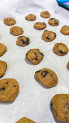Close up view of raw cookies with chocolate chips before baking on a cover paper on a tray. Detail and texture view.