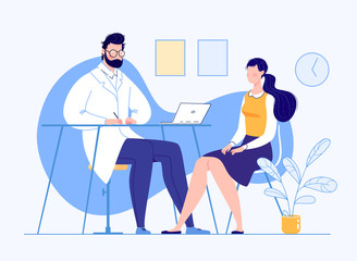 Patient in the doctor&rsquo;s office. Doctor consultation. Visit. Modern clinic. Diagnosis. Vector flat cartoon illustration. Doctor appointment.