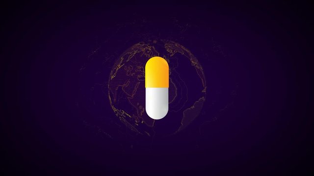 Medicine and health care. Medications can be treated around the world. World animation rotation of medicine on dark purple background. 3D animation composition concept.	
