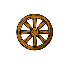 Obraz premium Old wooden cart wheels. Brown Detail of wagon with cracks. A village vehicle in wild West. Hand drawn cartoon illustration