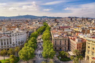 Barcelona Spain, high angle view city skyline at La Rambla street - 345954160