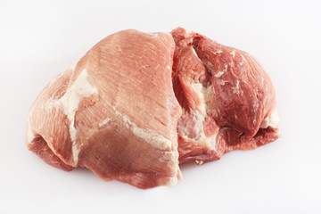 Slices pork loin on a white background. Raw pork . Advertising for meat shop and farm. Various kinds of meat and ready to cook concept. Top view. Space for text