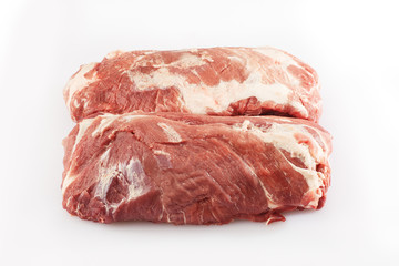 Slices pork loin on a white background. Raw pork . Advertising for meat shop and farm. Various kinds of meat and ready to cook concept. Top view. Space for text