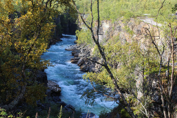 Large river in the arctic tundra. Abisko national park, Nothern Sweden