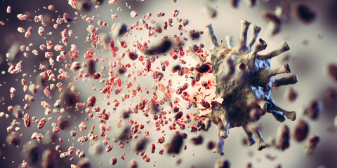 Kill, remove and eliminate coronavirus. Corona virus breaking up into pieces - obrazy, fototapety, plakaty