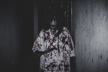 Portrait of asian woman make up ghost face,Horror scene,Scary background,Halloween poster
