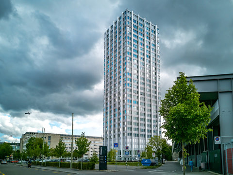 Winterthur, Switzerland, April 29, 2020 - Sulzer Tower also known as Wintower on a cloudy April day. It was build 1962-1966 by Sulzer AG and is one of the landmarks of the city of Winterthur.