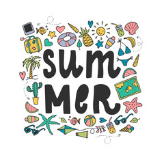 cute lettering quote 'Summer' decorated with hand drawn doodles on white background for posters, greeting cards, prints, banners, signs, logos, etc. Sea, travel theme. 