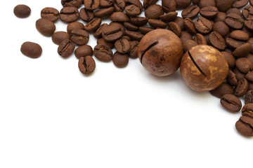 Coffee beans and macadamia nuts isolated on white background