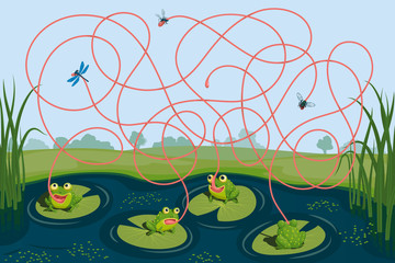 Four frogs caught a mosquito, a fly and a dragonfly. Guess which of them failed to catch the insect. Children's game picture riddle with a maze - obrazy, fototapety, plakaty