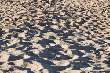 Numerous holes on a sandy surface in the rays of the setting sun. Background