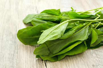green sorrel on a wooden background.