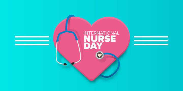 Vector International Nurse Day Greeting Card Or Horizontal Banner With Stethoscope Isolated On Azure Background. Vector Nurses Day Icon Or Sign Design Template