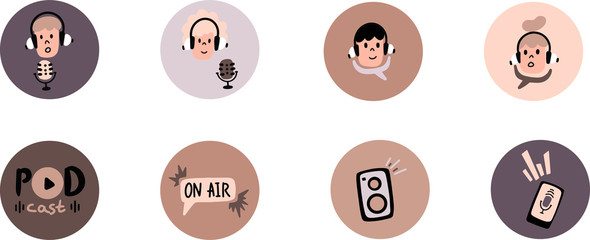 Vector blogger icons in a trendy style.A set of colorful podcast doodles design templates for icons and emblems-the highlight of the history of social networks.