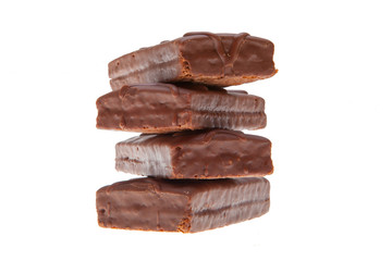 A stack of chocolate biscuits isolated on a white background