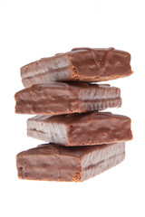 A stack of chocolate biscuits isolated on a white background