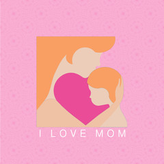  illustration, mother's day, card, text in english, i love mom, happy mother's day, mother and child character, material motif background, romantic pink color