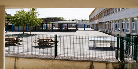 Preschool building schoolyards exterior with school playground