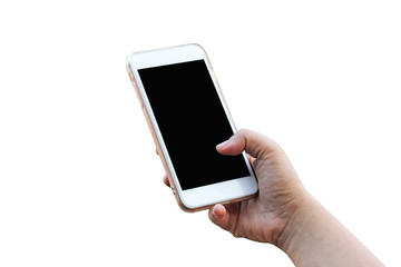 hand holding smart phone isolated on white background.