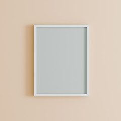 blank frame on light orange wall mock up, vertical white poster frame on wall,  picture frame isolated on a wall, mock up for picture or photo frame,  empty frame on bright wall, 3d render
