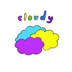 Cloudy weather, vector illustration,   clouds,  hand drawing, blue, pink and yellow colors