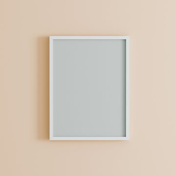 blank frame on light orange wall mock up, vertical white poster frame on wall,  picture frame isolated on a wall, mock up for picture or photo frame,  empty frame on bright wall, 3d render