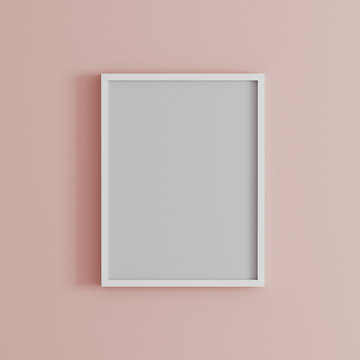 blank frame on light pink wall mock up, vertical white poster frame on wall,  picture frame isolated on a wall, mock up for picture or photo frame,  empty frame on bright wall, 3d render