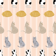 Cats seamless pattern on beige striped background