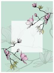 Magnolia branch leaves greeting in beautiful style on white background. Wedding floral decoration. Abstract background. Vector romantic floral illustration