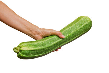 Fresh green zucchini in a female hand. Healthy vegan food. Isolated. Close-up.