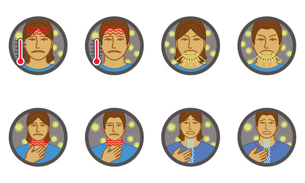 Set Of Coronavirus Covid-19 Icons Showing Symptoms Of Virus By Fever, Coughing, Sore Throat, Difficult Breathing