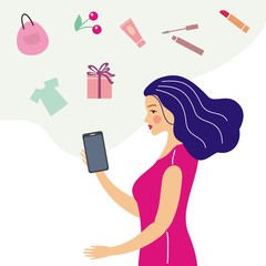 A beautiful girl with a phone buys stuff on the Internet