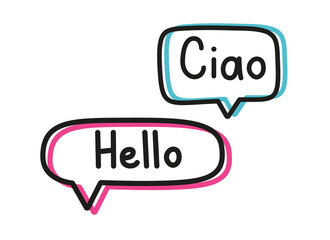 Ciao hello. Handwritten lettering illustration. Black vector text in blue and yellow neon speech bubbles. Simple outline style © alesika