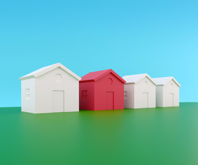 white houses and one red, 3d illustration